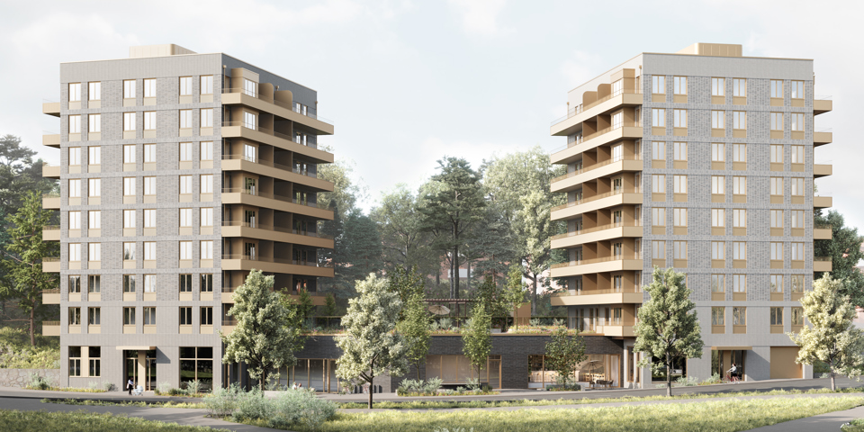 Visionsillustration som visar två högre hus sammanbundna med ett låghus
